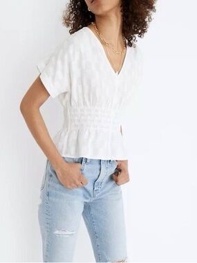 Madewell White Smocked Waist V Neck Top Medium Peplum Blouse
